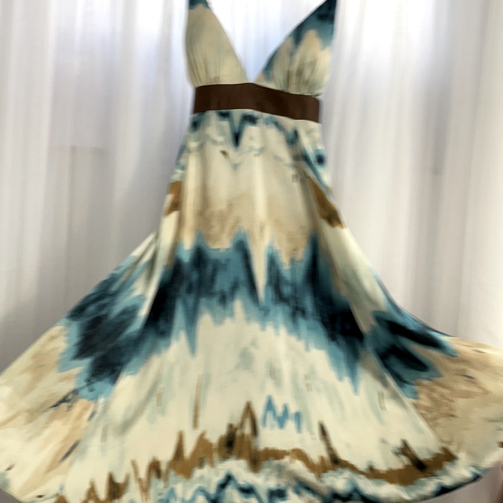 NWOT! Single Dress Blue Brown Spaghetti Strap Padded 100% Silk Lined